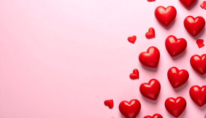 Valentine&rsquo;s Day background with scattered red hearts on soft pink surface, horizontal composition, copy space