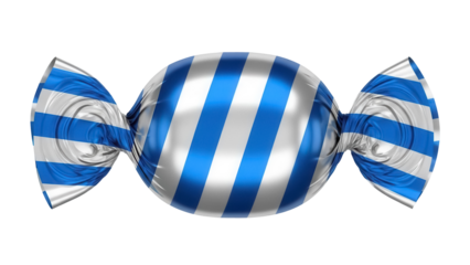 Blue and silver striped candy isolated PNG, wrapped sweet with twisted ends on transparent background, confectionery treat