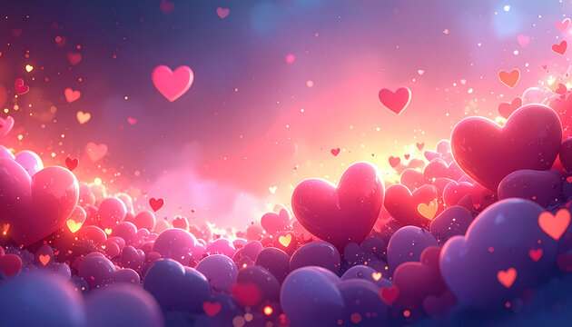 Valentine&rsquo;s Day background with glowing hearts and soft gradients, horizontal advertising style