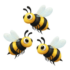 Three cartoon bees flying isolated on transparent background