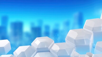 Abstract geometric patterns of hexagonal shapes against a blurred blue city skyline displaying modern architecture and technology themes