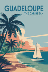 Guadeloupe caribbean travel poster design showcasing a tropical resort atmosphere with crystal clear water, palm trees, and serene coastal views.
