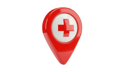 Red location pin with medical cross PNG isolated on transparent background, healthcare and hospital...