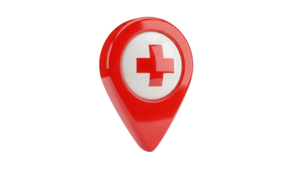 Red location pin with medical cross PNG isolated on transparent background, healthcare and hospital navigation icon