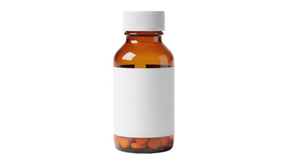 Amber medicine bottle with white cap and label isolated PNG, pharmaceutical container for pills or liquid on transparent background