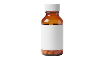 Amber medicine bottle with white cap and label isolated PNG, pharmaceutical container for pills or liquid on transparent background