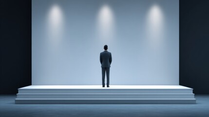 Obraz premium Man in Suit Standing on Empty Stage with Bright Lighting, Contemplating Future Opportunities, Minimalistic Scene for Presentations or Performances