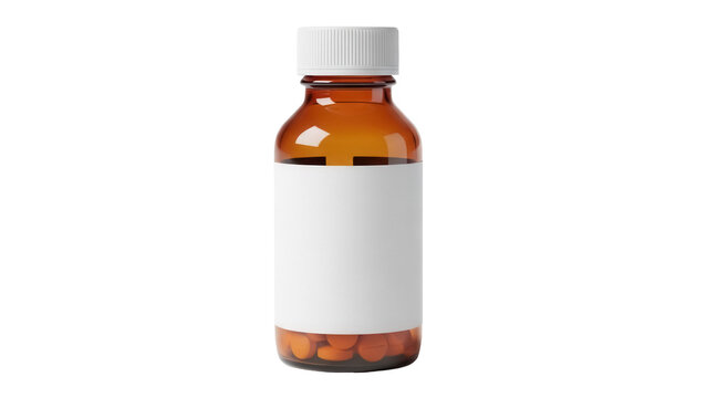 Amber medicine bottle with white cap and label isolated PNG, pharmaceutical container for pills or liquid on transparent background