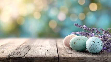 Obraz premium Easter Eggs and Lavender on Wooden Table with Bokeh Background