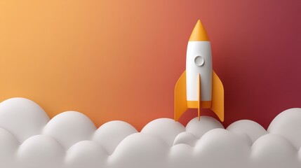 Colorful rocket launching into vibrant sky above fluffy clouds in a dynamic and cheerful atmosphere perfect for innovation and creativity themes