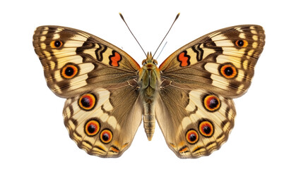 Elegant junonia almana butterfly isolated PNG on transparent background, beautiful brown and yellow tropical insect with eye spots for design use