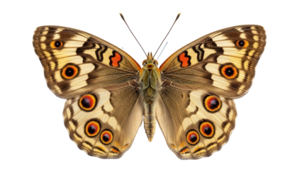 Elegant junonia almana butterfly isolated PNG on transparent background, beautiful brown and yellow tropical insect with eye spots for design use