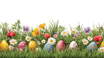 Easter Eggs and Mixed Flowers Border in Green Grass