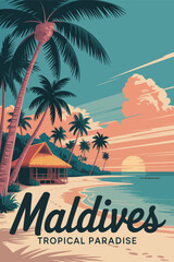 Maldives tropical island paradise, vintage style travel art with scenic overwater villas, crystal clear turquoise water, lush palms, and summer vacation landscape.