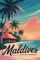Maldives island travel poster design showcasing an exotic resort atmosphere with overwater huts, turquoise sea, palm trees, and serene coastal views.