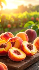 Fresh peaches, some sliced, on wood board with orchard backdrop in golden light