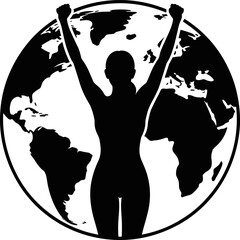 Global Female Empowerment Vector Illustration: Strong Woman Silhouette with Raised Fists Symbolizing Strength, Unity, Activism, and Women's Rights Worldwide Against a World Map Background. © MD FARID