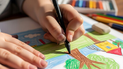 child drawing picture with crayon focusing on developing creativity and fine motor skills during a sunny home art activity for education and leisure content