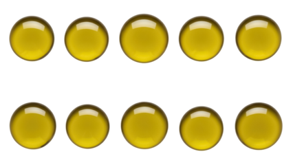 Ten yellow glass marbles PNG isolated on transparent background, shiny spheres for games, decoration, and design elements