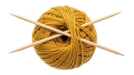 Golden yellow yarn ball with wooden knitting needles isolated PNG, crafting material for knitting and crochet projects on transparent background