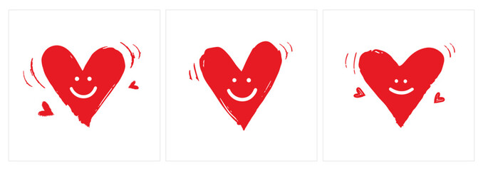 Cute Smiling Red Heart Icon for Love and Valentine, Hand Drawn Scribble Heart Character with Happy Face