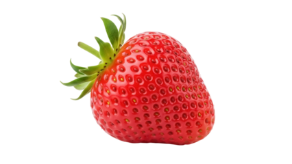 Ripe red strawberry isolated PNG, fresh fruit with green leaves on transparent background for healthy eating and summer designs