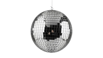 Shiny disco ball isolated PNG on transparent background, mirror ball with reflective tiles for party and dance floor decoration