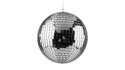 Shiny disco ball isolated PNG on transparent background, mirror ball with reflective tiles for party and dance floor decoration