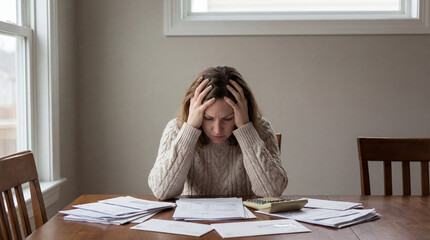Stressed woman studies bills at home. Bills cover table near calculator, tax season pressure and holiday expenses push bills higher, concept for debt help, budget planning, copy space