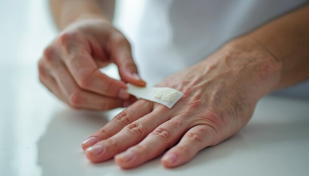 Man applies adhesive bandage to sore on hand. Close-up view shows applying patch for wound care. Self treatment for injury using medical supply.
