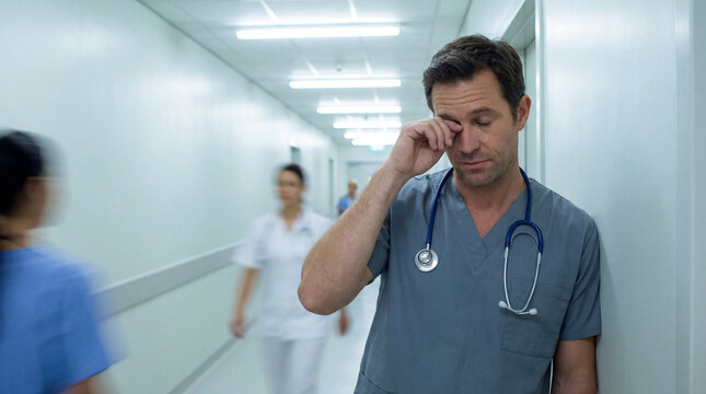 Tired doctor rubs eyes in hallway. Exhausted doctor in hospital corridor shows doctor burnout, overtime stress for worldhealthday awareness, healthcare worker fatigue, night shift concept
