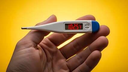 Hand holding digital thermometer displaying temperature