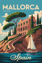 Mallorca spain coastal landscape, retro travel illustration design with turquoise sea views, charming stone buildings, narrow town streets, and sunny island atmosphere.