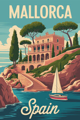Mallorca spain travel poster, retro vintage illustration showcasing beautiful coastal views, mediterranean turquoise water, and charming traditional village town streets architecture.