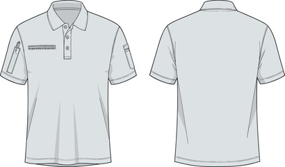 Mens polo shirt front back view cad drawing flat vector illustration utility pocket casual apparel technical fashion design