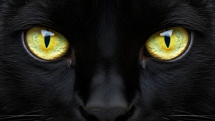 Close-up of Black Cat's Yellow Eyes with Intense Gaze