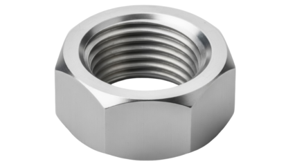 Silver metal hex nut isolated PNG on transparent background, industrial fastener for mechanical assembly and construction projects