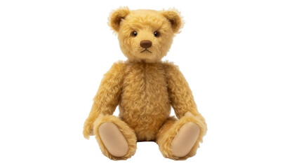Obraz premium Adorable golden teddy bear sitting isolated PNG, fluffy stuffed animal toy for children and collectors on transparent background