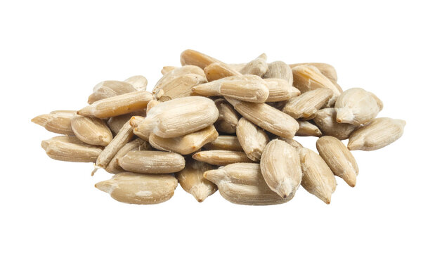 A close-up shot of a pile of hulled, light-colored seeds, likely from a flower, scattered against a black background