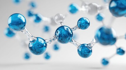 Colorful molecular structure with blue and transparent spheres on a soft gray background illustrating scientific research and chemical interactions in laboratory settings
