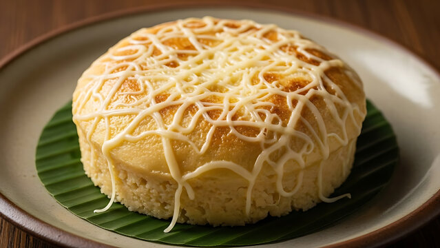 A close-up shot of a round, steamed Filipino puto cake topped with melted cheese, served on a banana leaf on a rustic plate.