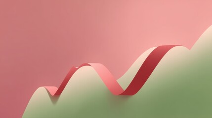 Abstract wave forms with red ribbon on pastel green and pink background creating a modern, minimalistic digital art effect for design projects