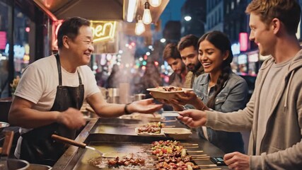 Chef cooking food with fire in a street food stall with customers