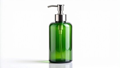 Fototapeta premium Green translucent pump bottle with metallic dispenser on white background