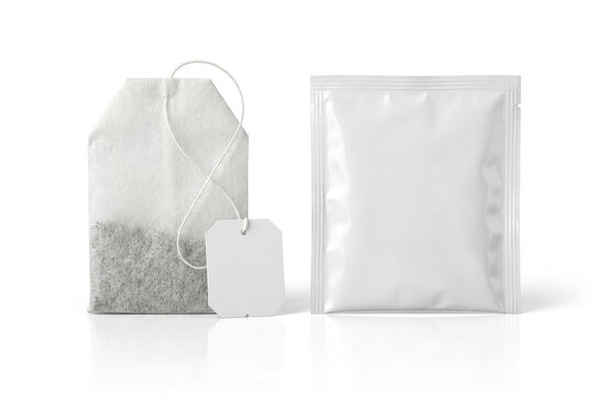 Blank white tea bag and sealed sachet packet mockup, ideal for branding, product display, and advertising on a clean, reflective white background