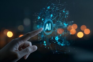 Human hand interacting with futuristic AI interface