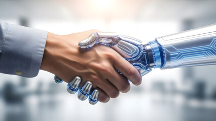 Close-Up of Futuristic Human-Robot Handshake with Glowing Digital Effect