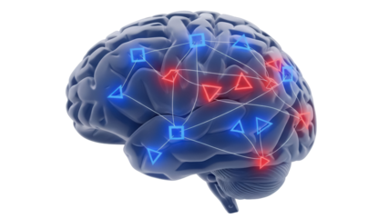 Human brain with neural network connections PNG isolated on transparent background, artificial intelligence and cognitive function concept