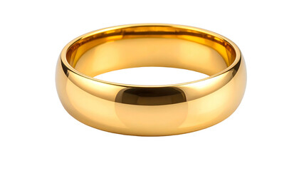 A close-up shot of a smooth, rounded golden ring, likely for a wedding or special occasion. It has a high gloss and is well-lit