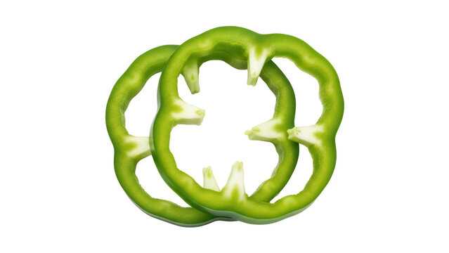 Two green bell pepper slices isolated PNG, fresh vegetable rings on transparent background for cooking and healthy eating concepts